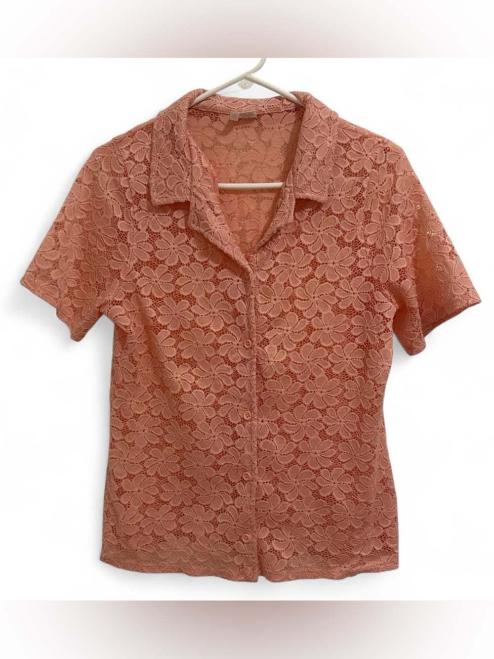 Vintage Y2K Coral Floral Daisy Lace Sheer Short Sleeve Cardigan - Size L